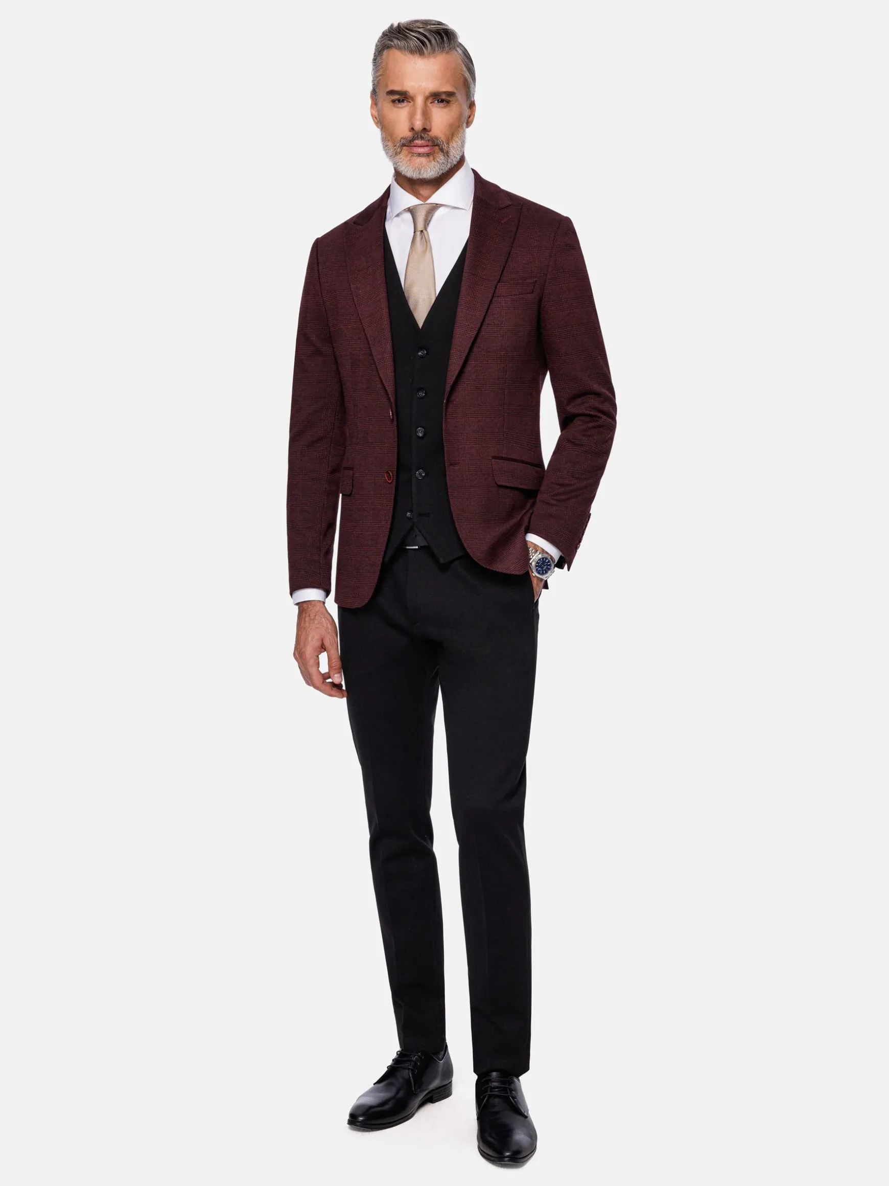 WAM DENIM Pakken & Maatwerk*Red Wood Glen Check Slim Fit Dark Red Black Suit Gilet